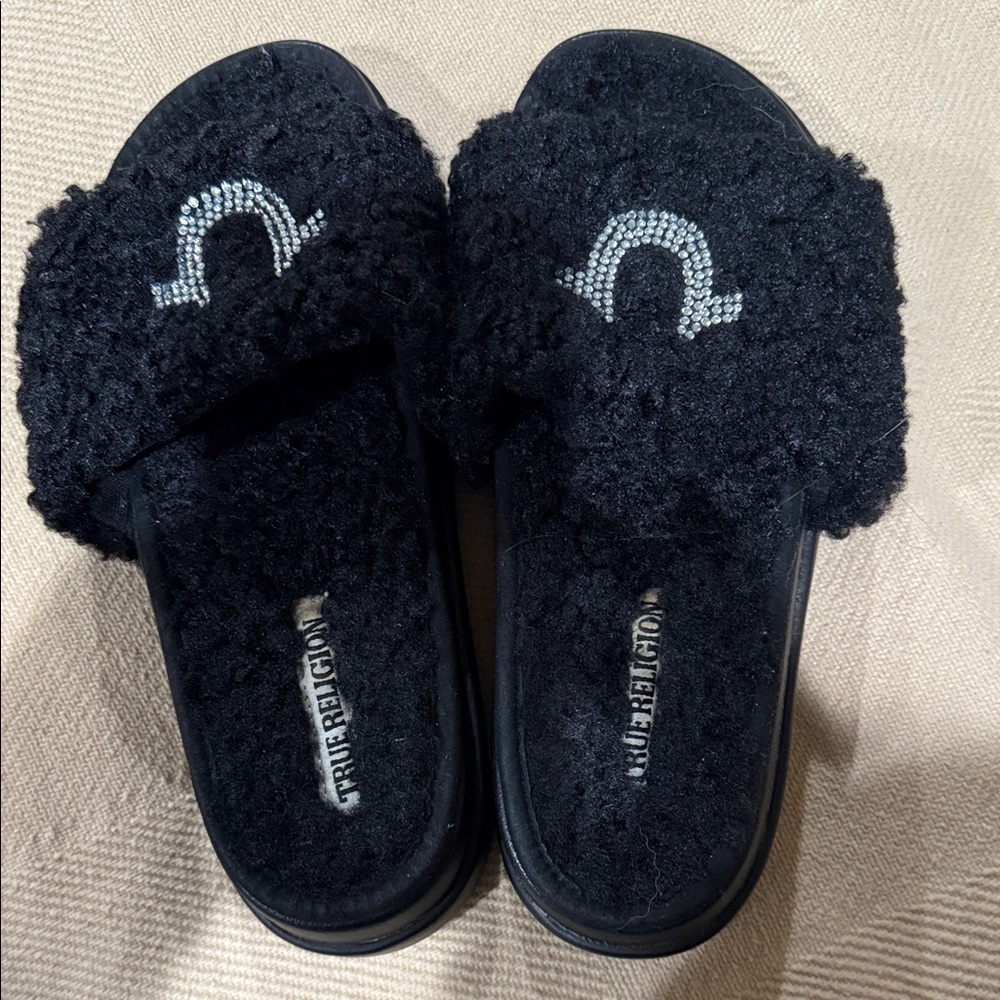 True Religion Black Fuzzy Slides with Logo